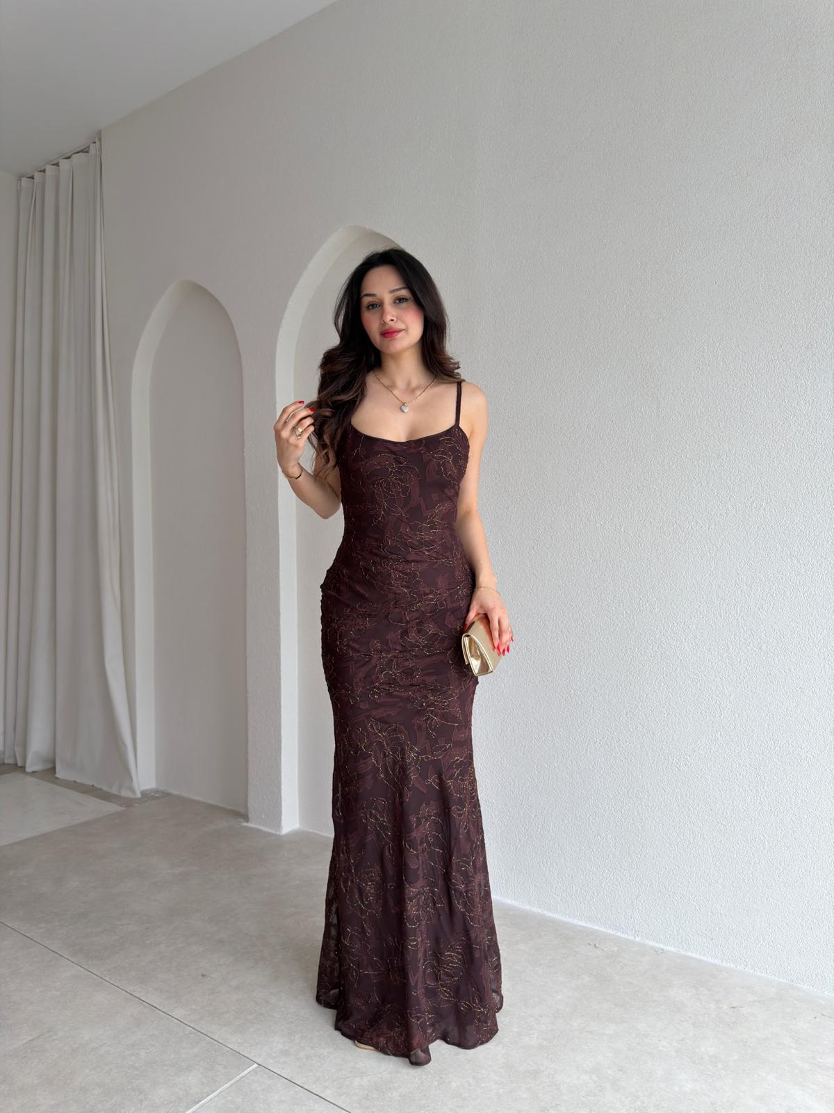 WİNX Simli Desenli Maxi Elbise 4218 - Acı Kahve