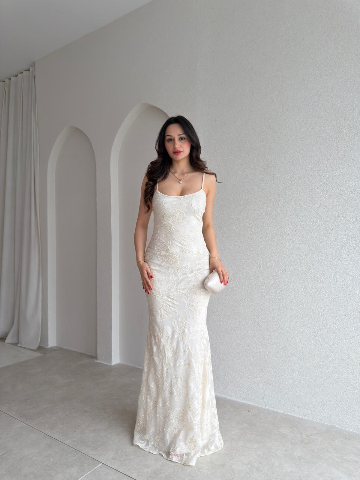 WİNX Simli Desenli Maxi Elbise 4218 - Ekru