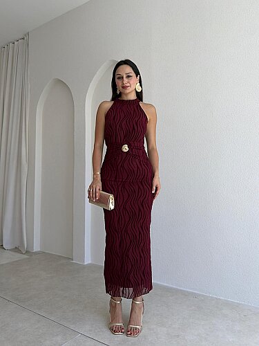 WİSTERİA Simli Midi Elbise 8959 - Bordo - Mooi Butik