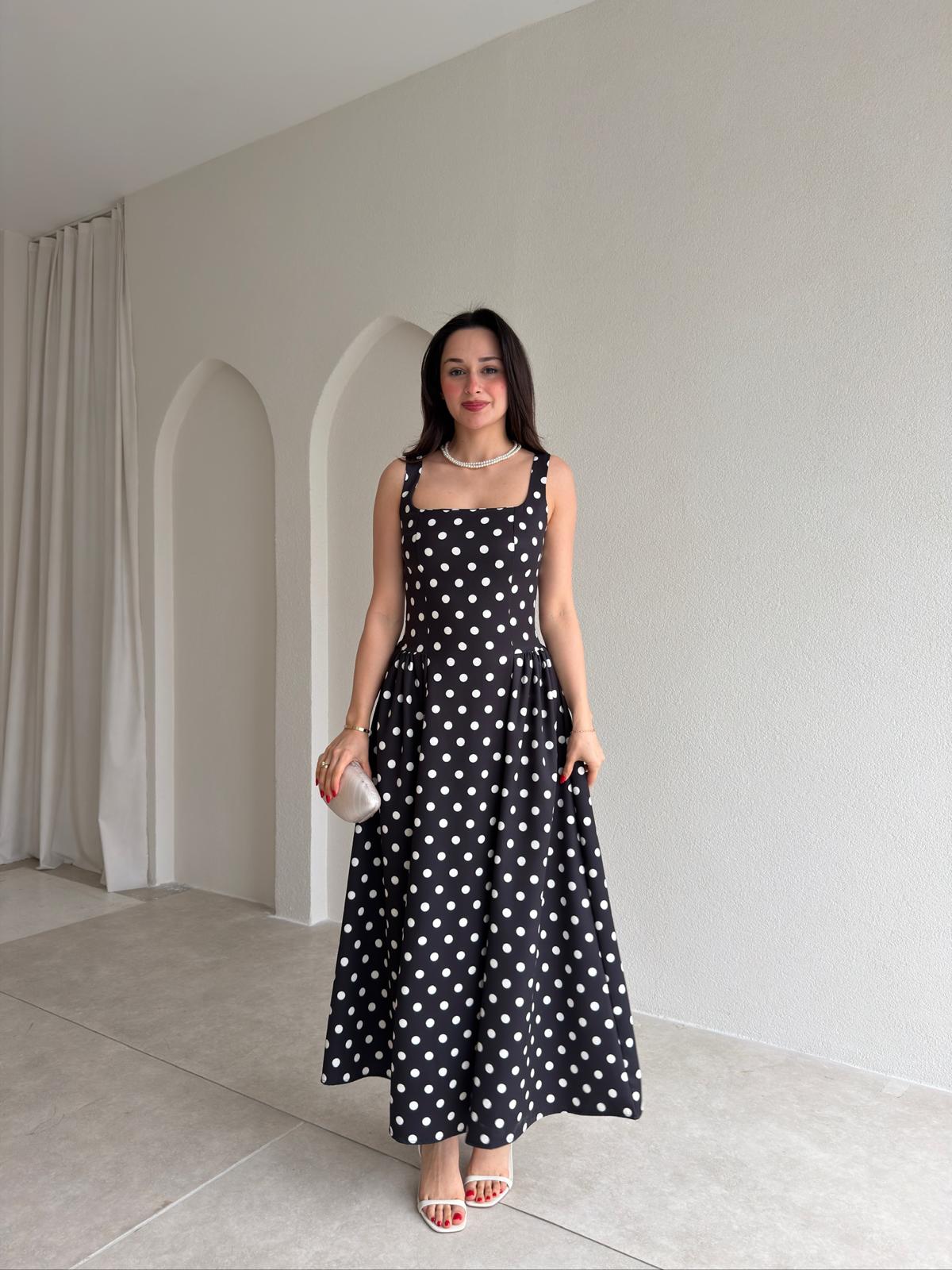 WOOD Puantiyeli Maxi Elbise 9009 - Siyah