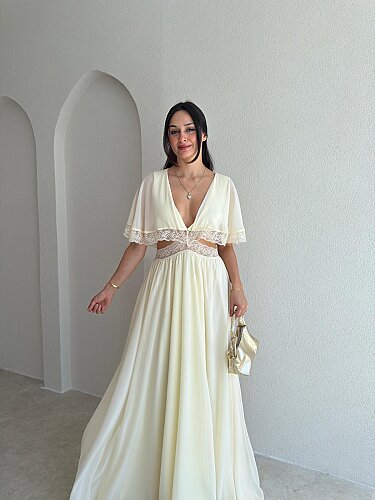 YADEL Bel Detaylı Maxi Elbise 3738 - Sarı - 2