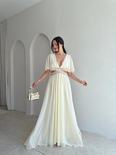 YADEL Bel Detaylı Maxi Elbise 3738 - Sarı - 1