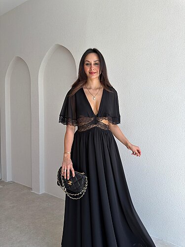 YADEL Bel Detaylı Maxi Elbise 3738 - Siyah - 2