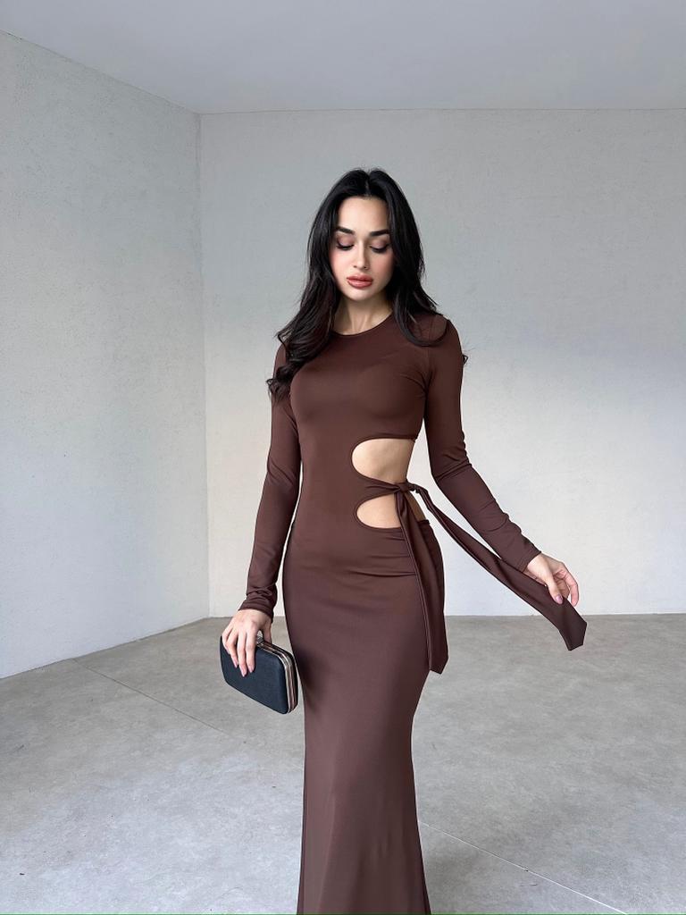 Yan Dekolteli Maxi BRANKA Elbise 3010 - Acı Kahve