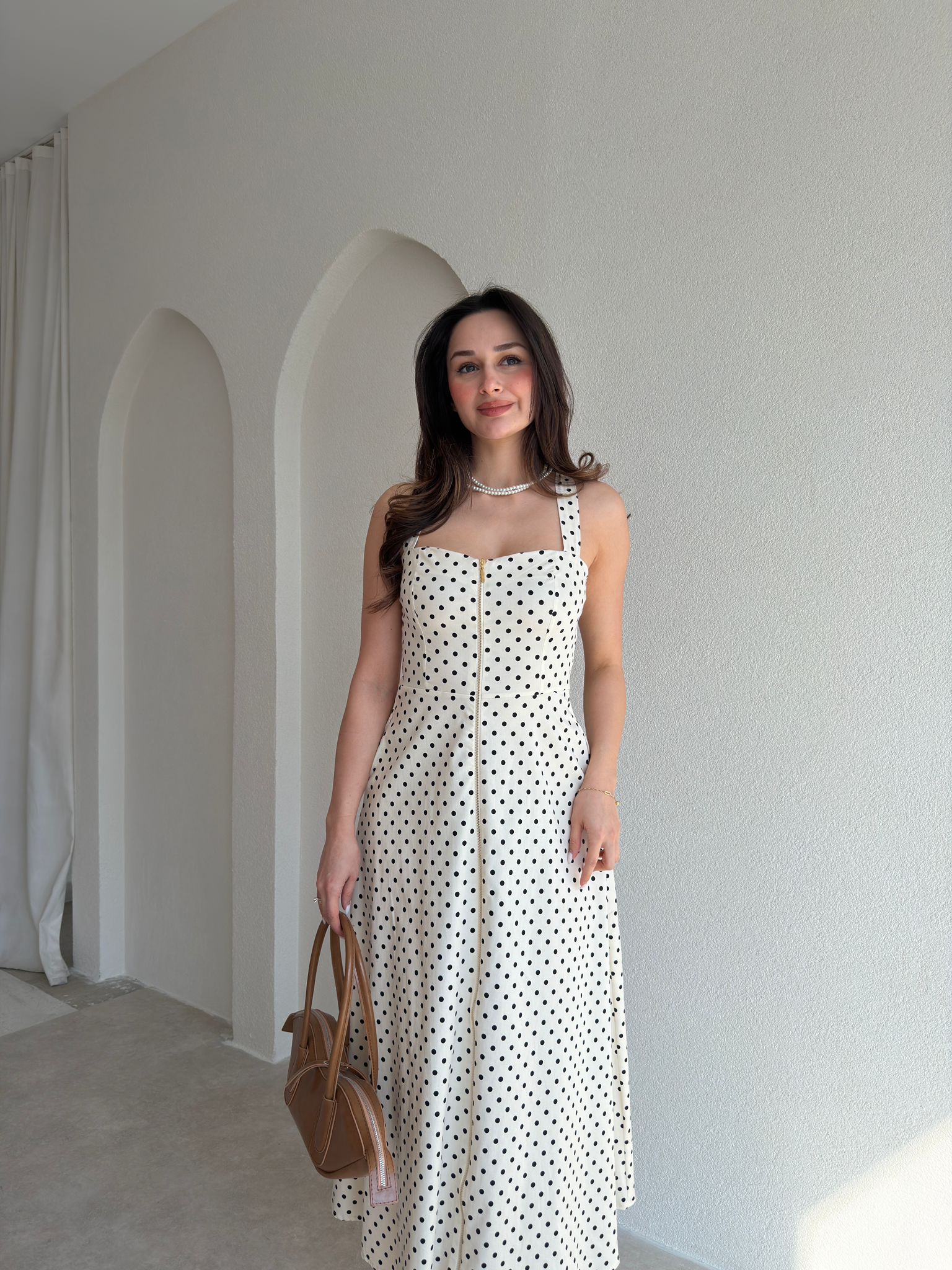 YEDLİN Puantiyeli Midi Elbise 9075 - Krem Rengi