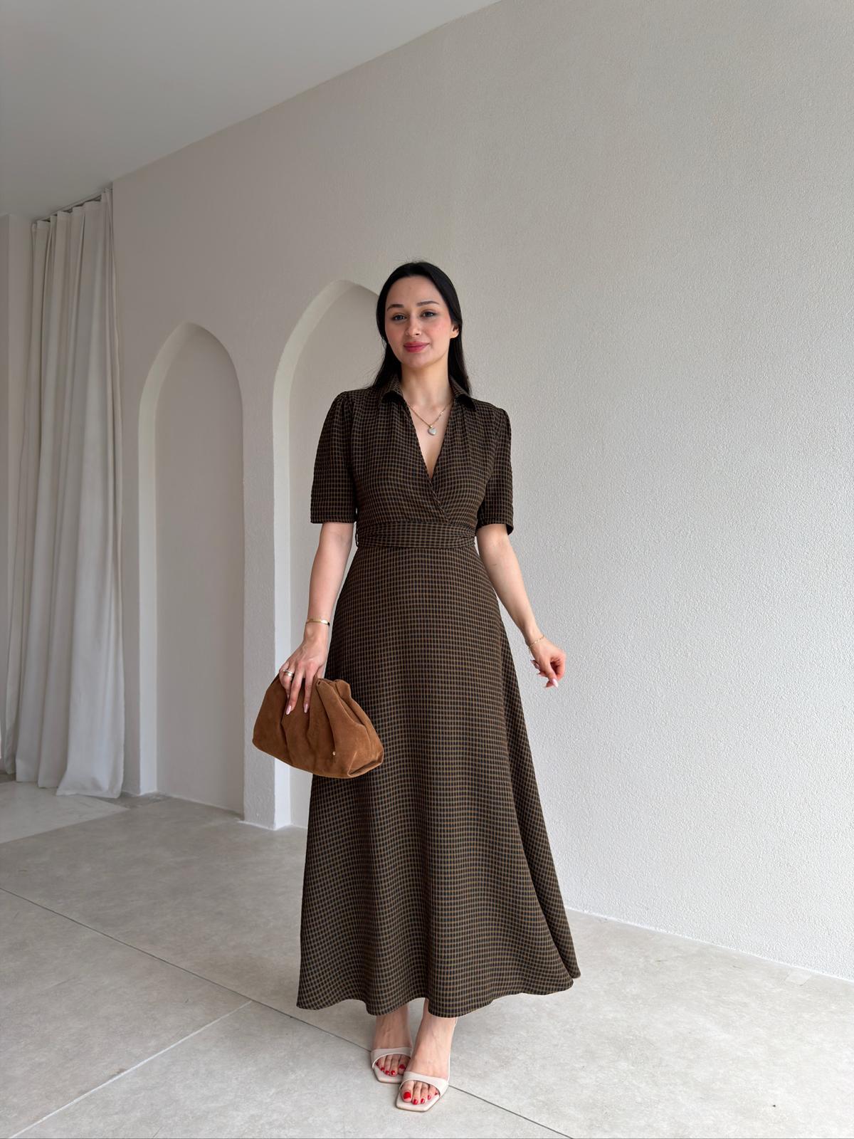 YOLANTE Kareli Midi Elbise 5506 - Acı Kahve