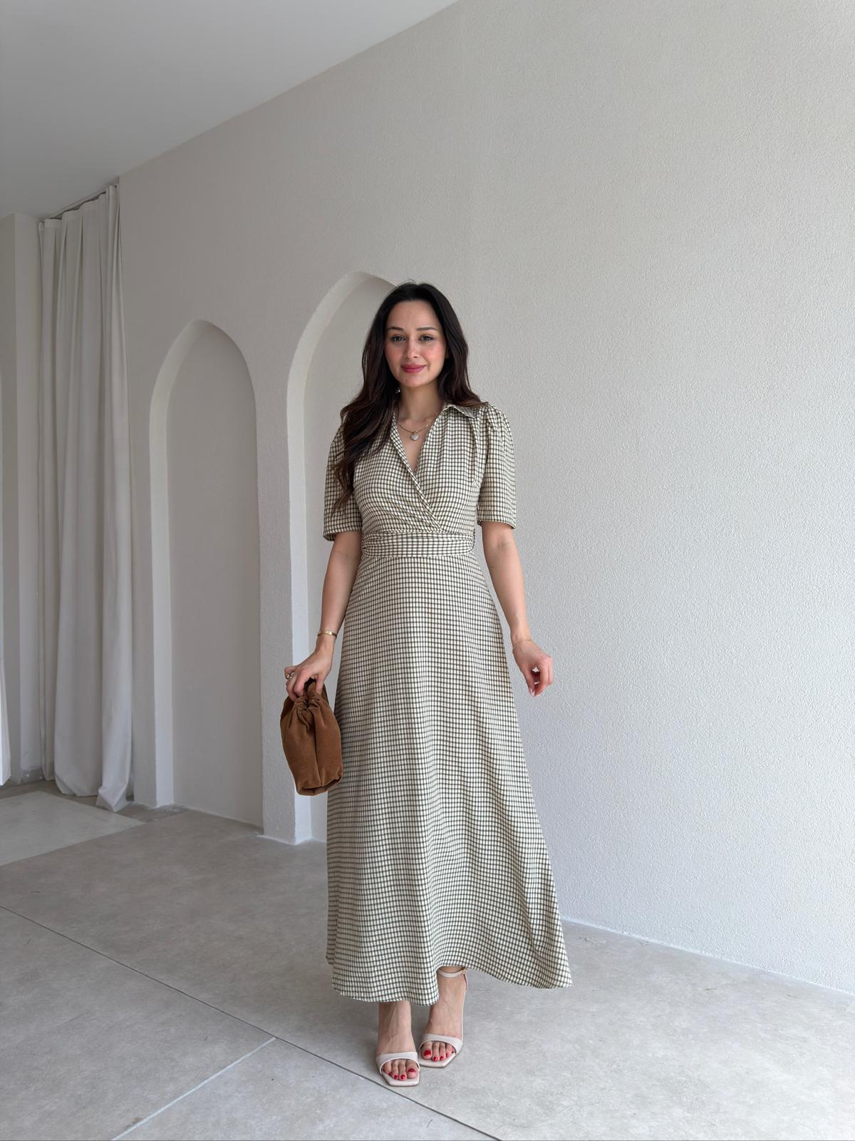 YOLANTE Kareli Midi Elbise 5506 - Yeşil