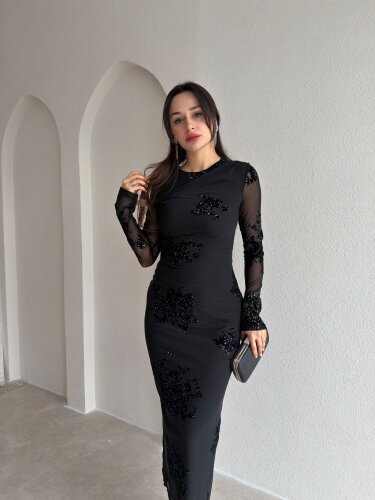 JULİA Sim Desenli Midi Elbise 9068 - Siyah - Mooi Butik
