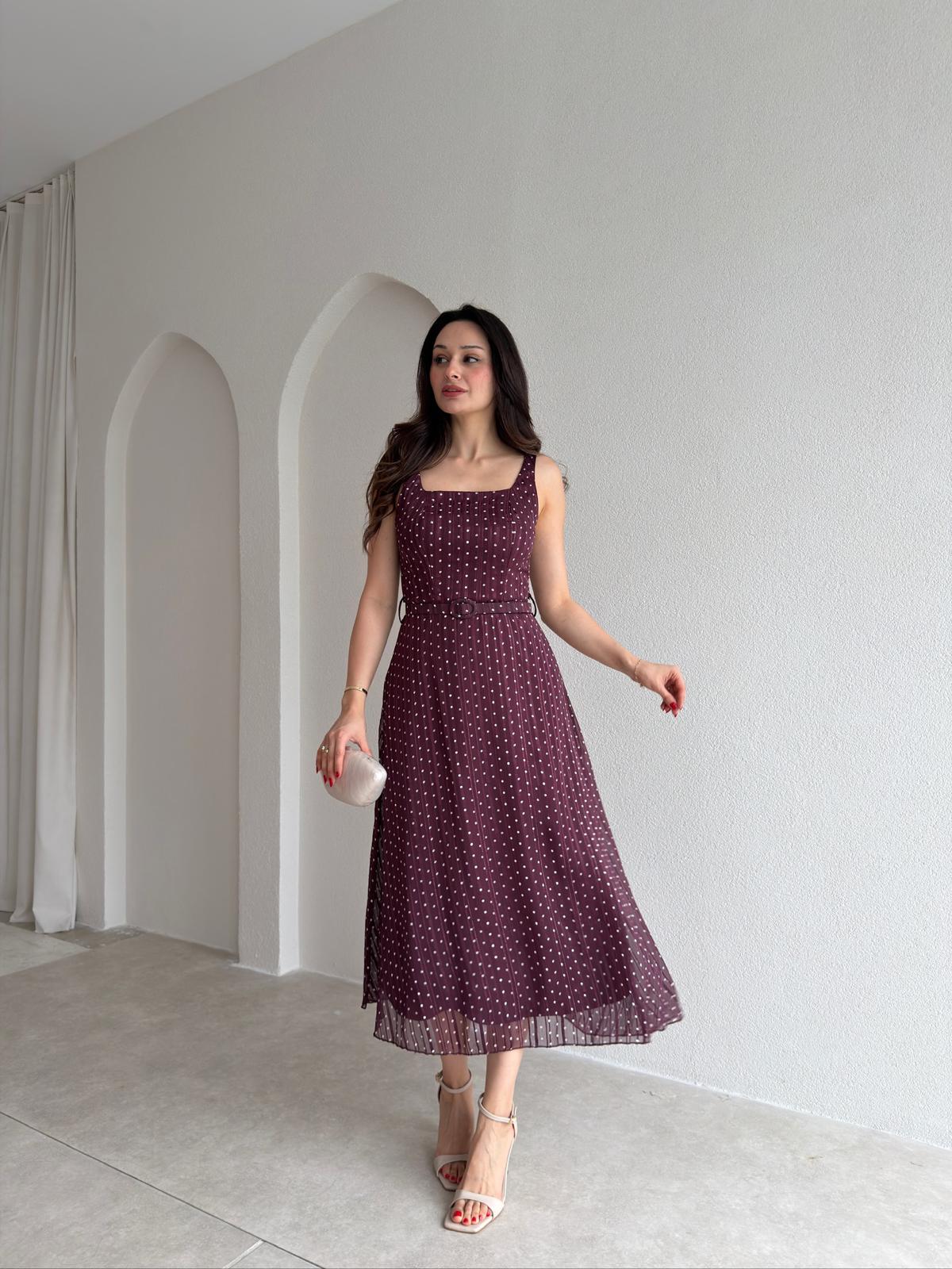 ZELDA Kemerli Midi Elbise 4167 - Bordo