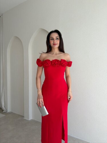 ZİLEY Gül Detaylı Midi Elbise 8117 - Kırmızı - Mooi Butik