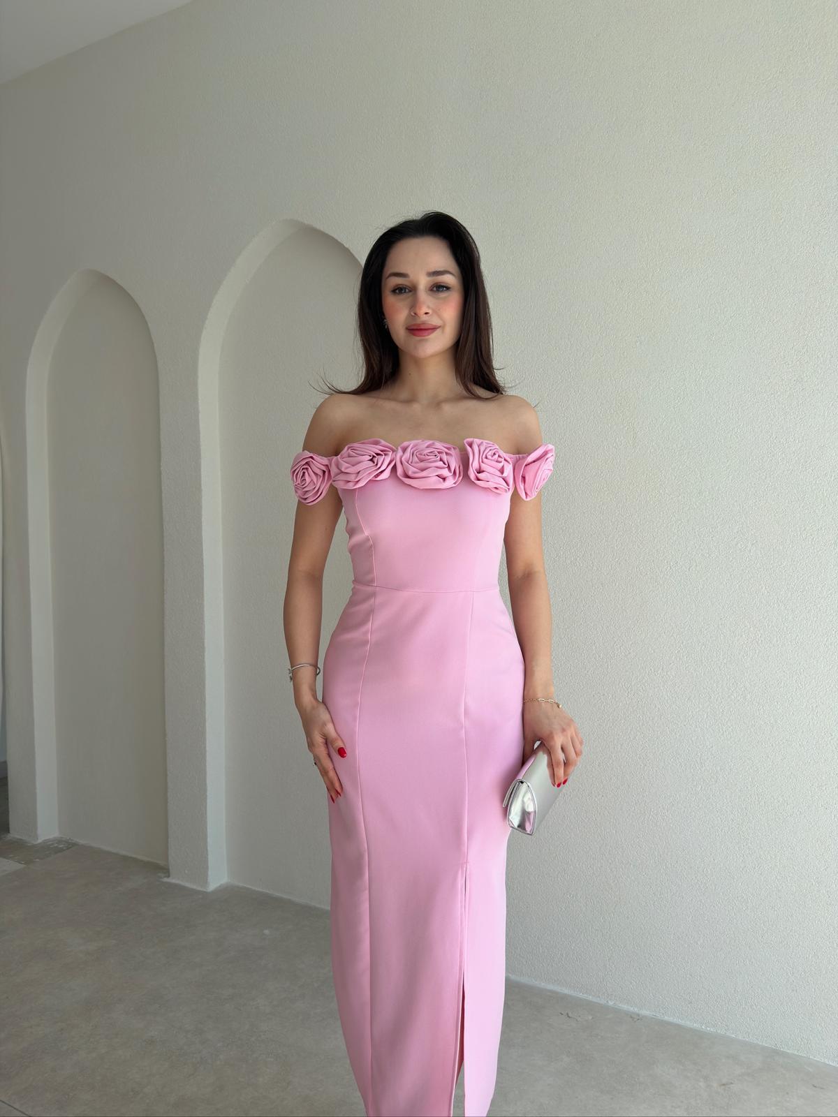 ZİLEY Gül Detaylı Midi Elbise 8117 - Pembe 