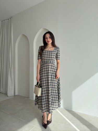 ZONA Ekoseli Midi Elbise 0483 - Kahverengi - Mooi Butik