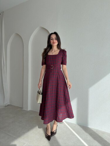 ZONA Ekoseli Midi Elbise 0483 - Bordo - Mooi Butik